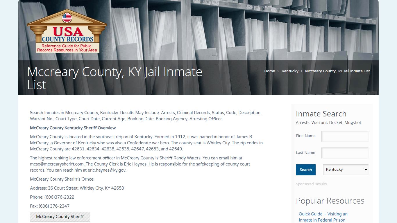 Mccreary County, KY Jail Inmate List | Name Search